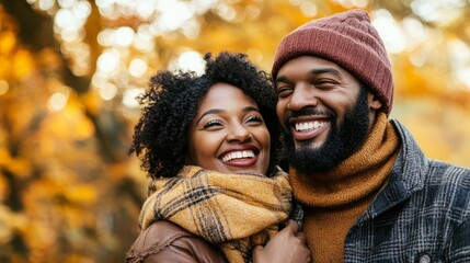 A stylish couple with a sunny smile in a natural autumn scene