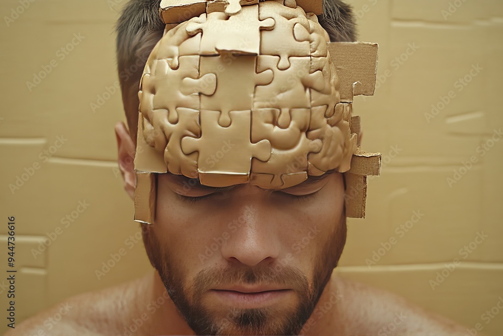 Poster man wearing a puzzle like helmet symbolizing the challenges of mental health cognitive struggles and