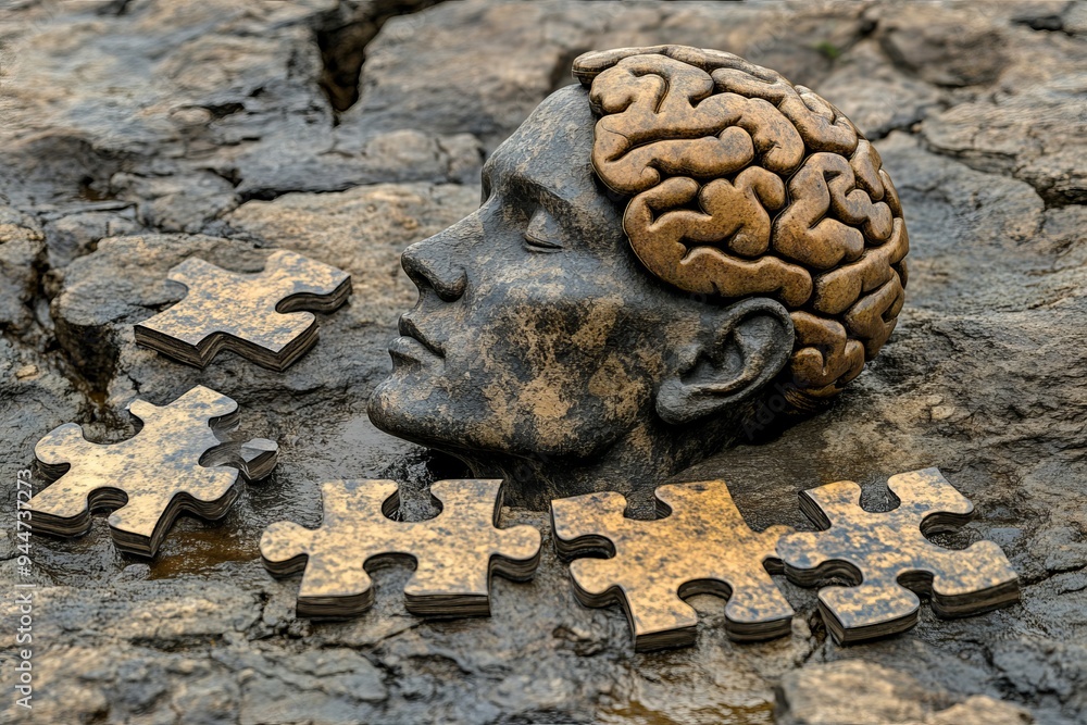 Poster stone sculpture of a human head with puzzle pieces reflecting the fragility of memory identity and t
