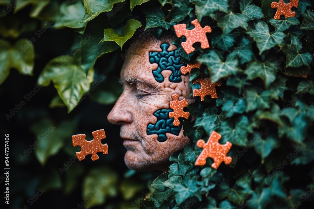 Poster elderly man with puzzle pieces entwined in ivy representing the interplay of memory identity and the
