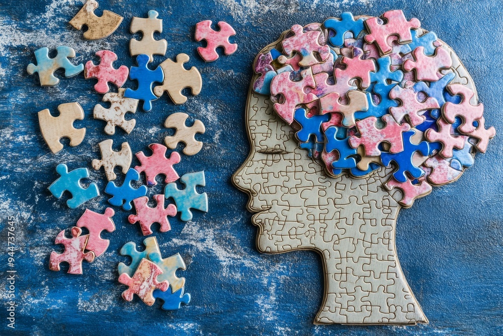 Aufkleber illustration of a human head composed of colorful puzzle pieces highlighting the complexity of human