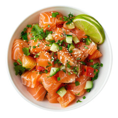 delicious salmon poke bowl with fresh avocado green onions sesame seeds and lime for a healthy meal