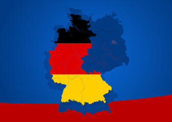 Fototapeta premium Blue and red background map of Germany with AFD party colors, showcasing simplified borders and political influence in German federal government elections.