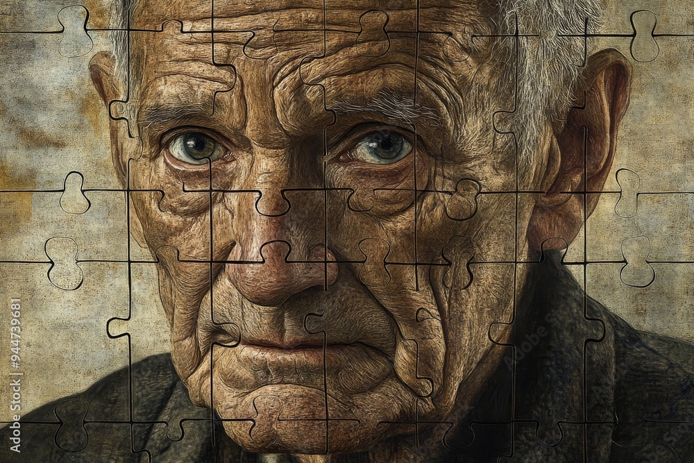 Poster portrait of an elderly man with a puzzle like face symbolizing the fragmentation of memory aging and