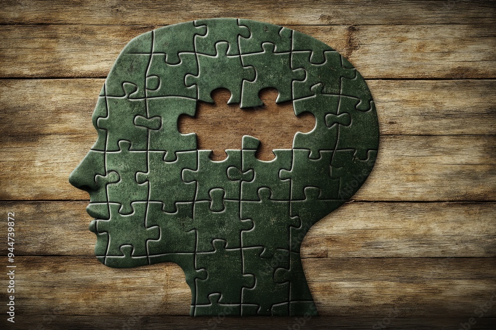 Poster silhouette of a human head composed of puzzle pieces on a wooden background symbolizing the complexi