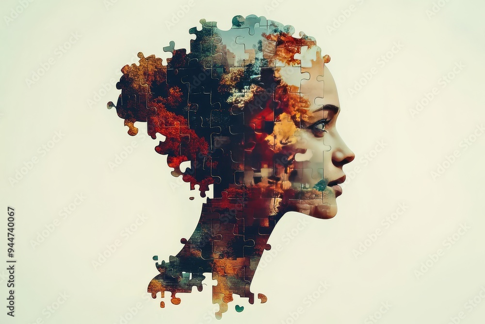 Poster abstract silhouette of a woman with a colorful brain explosion symbolizing creativity imagination an