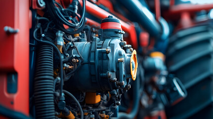 Fototapeta premium Close up of a motorcycle engine in a repair shop with various tools and equipment