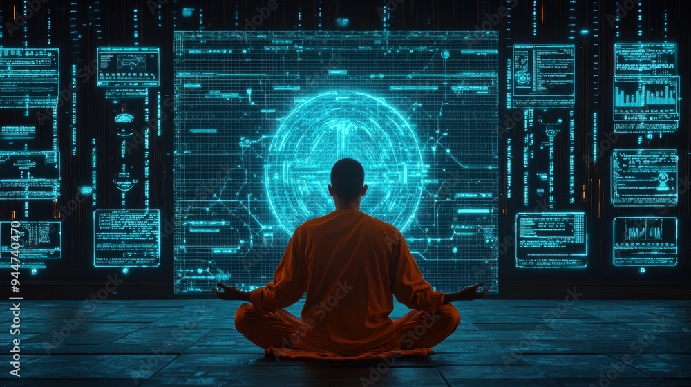 Poster man meditating in front of futuristic digital interface