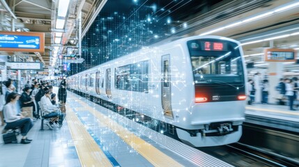 Fototapeta premium High Speed Train Arriving at Station with Digital Overlay