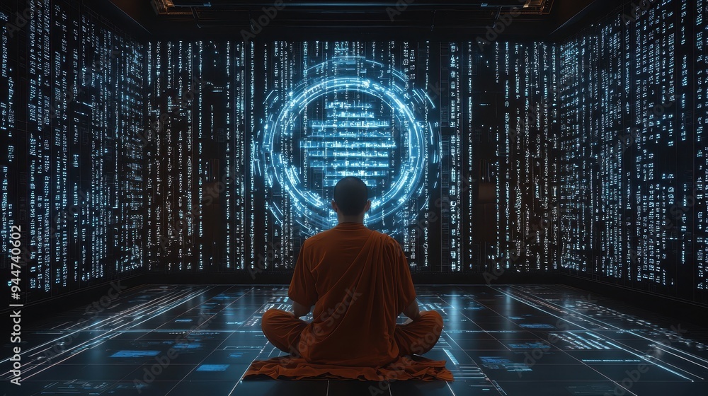 Poster monk meditating in front of glowing digital interface