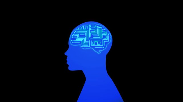 animation of human silhouette with brain made of circuits, technological connections, artificial intelligence