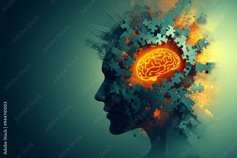 Poster silhouette of a human head with a glowing brain exploding with vibrant colors symbolizing creativity