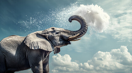Obraz premium Powerful Elephant Spraying Water Against Dramatic Cloudy Sky