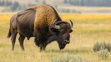 Majestic Bison Grazing in Scenic Meadow Landscape
