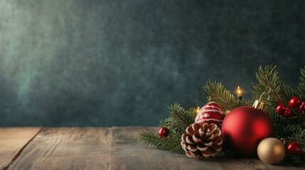 Christmas winter background Festive composition with  gifts box ornament pine fir brance blurred background Merry Christmas happy new year greeting card copy-space
