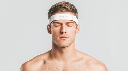 Young Man Wearing a Brainwave Monitoring Headband