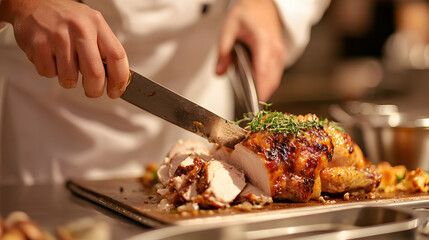 Skilled Chef Carefully Plating Savory Dish with Garnishes in Commercial Kitchen