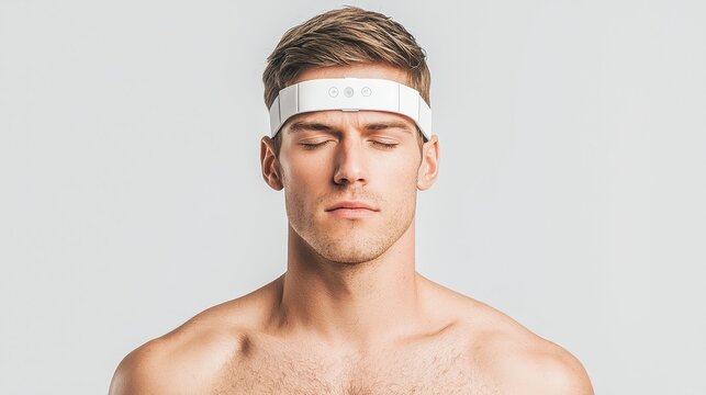 Young Man Wearing a Brainwave Monitoring Headband