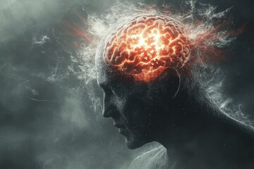 Photorealistic image of a brain glowing with intense light representing mental power cognitive energy and the brilliance of human thought