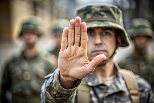 Soldier In Camouflage Uniform Shows Stop Sign With Hand.