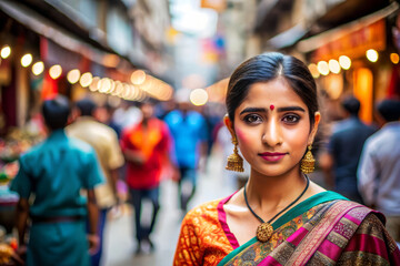 Indian Woman In Sari, Portrait,  Beautiful Eyes, Market Background, Traditional Jewelry.
