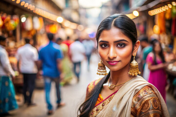 Obraz premium Beautiful Indian Woman In A Sari, Smiling In A Busy Market.