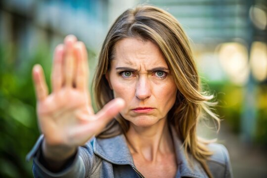 Woman With Angry Expression, Hand Out In Stop Gesture.