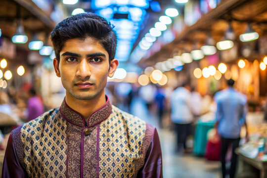 Young Man In Traditional Indian Clothing At A Market.