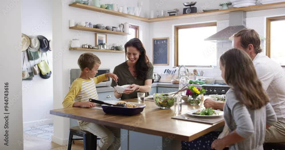 Sticker Food, spaghetti and happy with family eating in kitchen for health, love and together. Smile, lunch and nutrition with parents and children at dining table in home for dinner, wellness and bonding