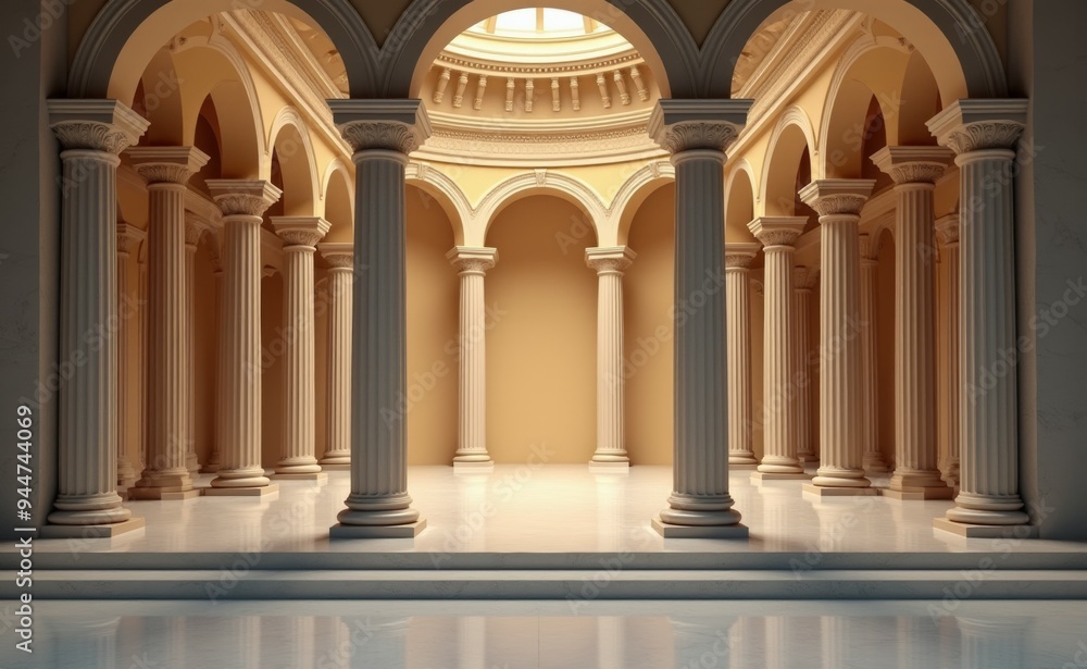 Poster a large, empty room with columns and a large archway
