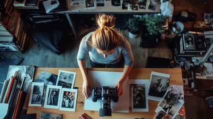 A young woman arranging photographs and preparing her camera in a creative workspace filled with images and art supplies