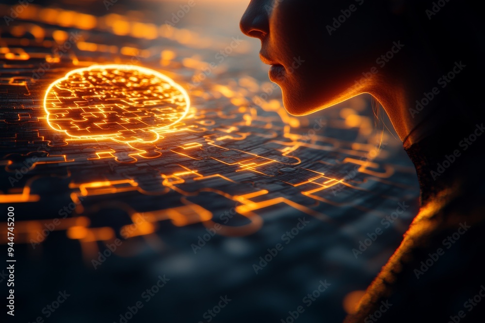 Poster silhouette of human head with glowing brain puzzle symbolizing cognitive health intelligence and the