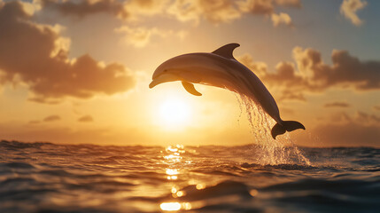 Majestic Dolphin Leaping Above Vibrant Sunset Ocean Waves