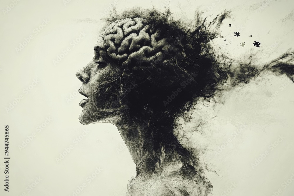Poster abstract silhouette of a woman with brain disintegrating into particles symbolizing the fragility of