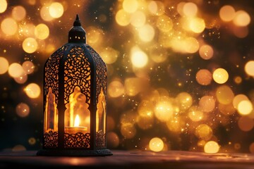 Dark silhouette of Moroccan lantern glowing at night. Glittering golden bokeh lights, blurred background. Ramadan Kareem, Eid ul Fitr muslim holiday still life, with generative ai
