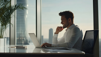 Smiling businessman sitting at a sleek desk, typing on a laptop with one hand while reviewing...