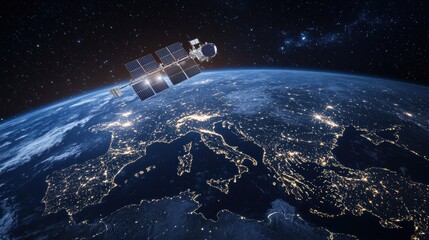 Satellite Orbiting Earth with City Lights at Night