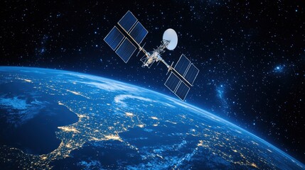 Satellite orbiting Earth with solar panels and antenna