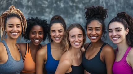 Fototapeta premium Group of young women smiling together outdoors in workout attire during a sunny day