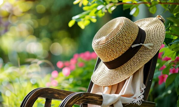 A woven summer hat resting on a garden chair among lush greenery