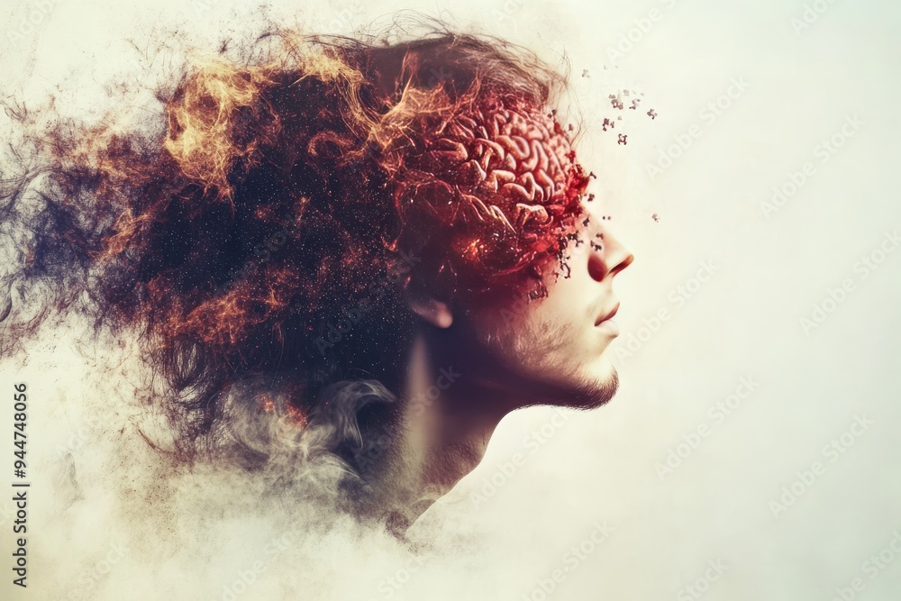 Poster womans silhouette with fragmented brain depicting the fragility of memory and the fragmented nature 