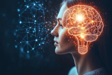 Futuristic Woman with Neural Network Brain Symbolizing the Integration of Technology and Human Intelligence in a Digital World