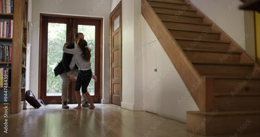 Sticker Hug, front door and running with happy and family for greeting, excited and relax. Love, business man and reunion with children and parents in hallway of home for break, hello and welcome together