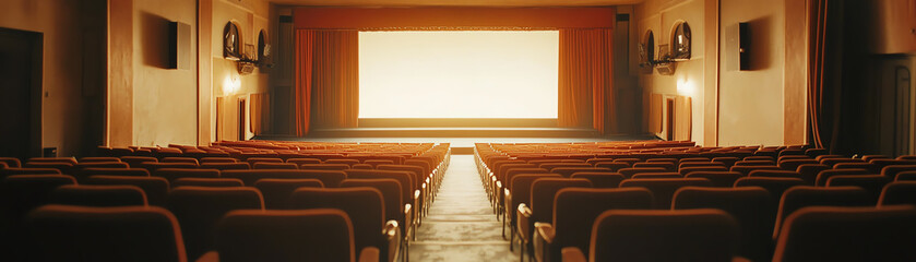 Empty movie theater auditorium with rows of seats facing a blank screen, ready for an audience and a film showing.