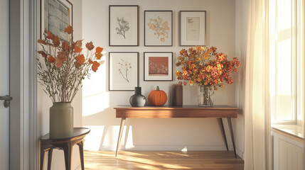 Cozy entryway with a wooden console table, adorned with autumn flowers, a pumpkin, and framed botanical prints on the wall, bathed in warm natural light