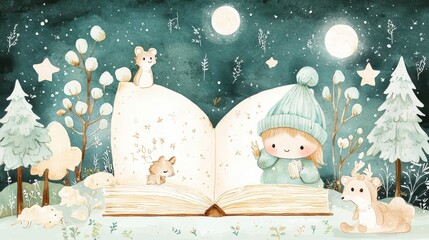 Watercolor Illustration of a Girl Reading a Book in a Winter Forest with Animals