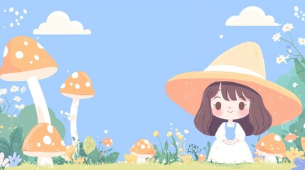 Fototapeta premium Cute Girl with Hat in a Mushroom Forest