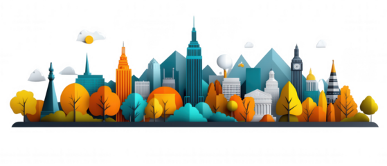 Cityscape Illustration with Abstract Buildings and Trees