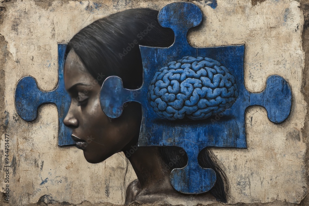 Poster surreal portrait of woman with puzzle brain in blue representing the fragmentation of thought identi