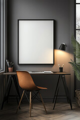 Modern minimalist home office with a blank poster on the wall, wooden desk, and chair illuminated by a lamp.